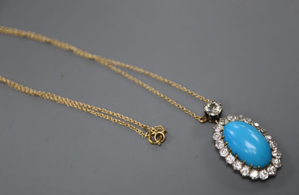 A yellow metal, turquoise and diamond set oval pendant necklace, pendant 3cm, gross 6 grams,